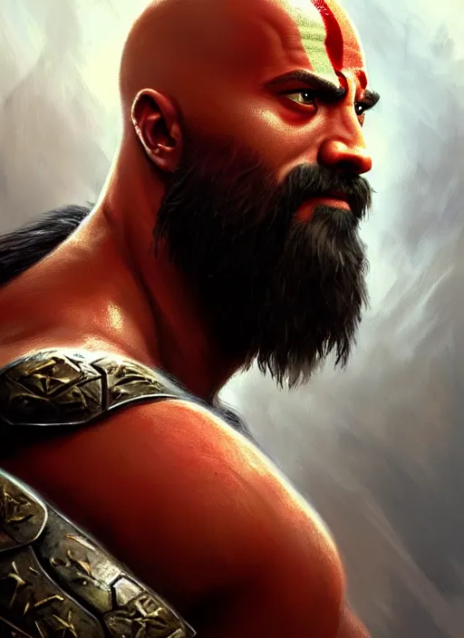 Image similar to portrait ofdwayne johnson as kratos, d & d, muscular! fantasy, intricate, elegant, highly detailed, digital painting, artstation, concept art, smooth, sharp focus, illustration, art by artgerm and greg rutkowski and alphonse mucha