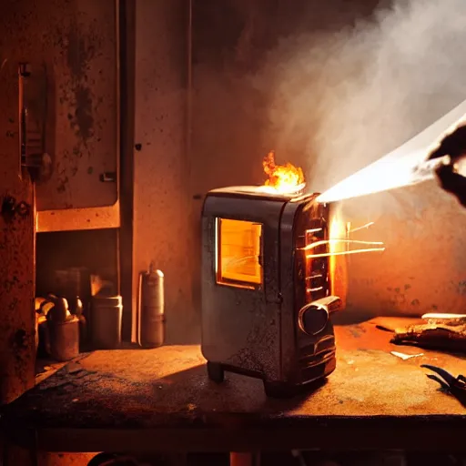 Image similar to cyborg with toaster oven for torso, dark messy smoke - filled cluttered workshop, dark, dramatic lighting, orange tint, sparks, cinematic, highly detailed, sci - fi, futuristic, movie still