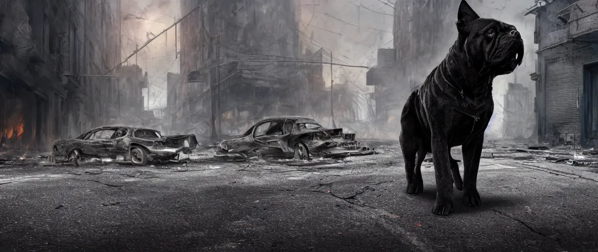 Image similar to A beautiful hyper realistic ultra detailed lifelike digital art of a close-up front view shot of a scruffy black and grey Cane Corso standing in the middle of a city street at night in an abandoned post-apocalyptic city with abandoned cars on fire and crumbling buildings, unreal engine, deviantart, flickr, artstation, octane render, textured, colorful, extreme realistic detail, physically based rendering, pbr render, very detailed, volumetric lighting, detailed lighting, octane render, 4k, cinematic lighting, 8k resolution,