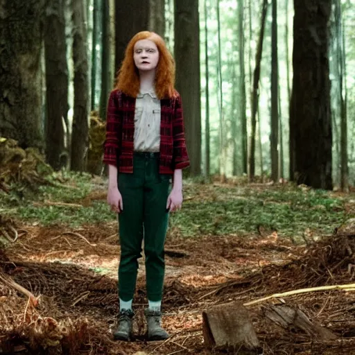 Image similar to Sadie Sink (Maxine Mayfield) from Stranger Things kneeling in a forest looking straight ahead, hq, coloured hq