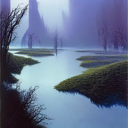 Prompt: ominous shale and ruddy steel arborocity half - submerged in the sipsey river, by michael whelan and angus mcbride and ted nasmith, 3 2 k huhd