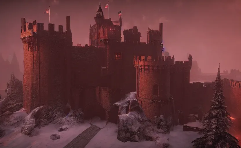 Image similar to Red Castle in Game of Thrones besides the sea in the snowstorm at night, doomy, Unreal Engine, cinematic photography, highly-detailed, games of thrones, HBO, high resolution, 8k, photorealistic, stunning volumetric lighting