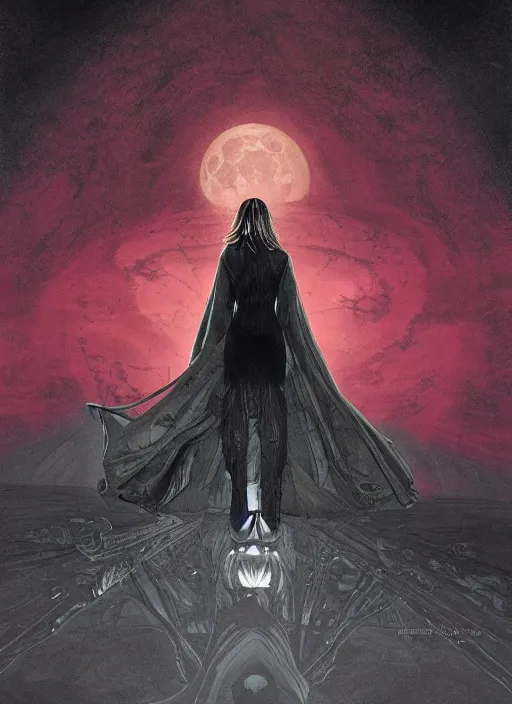 Prompt: at the top: symmetrical centered portrait of Anna Millerstone as a Dark evil witch, big moon in the background, at the bottom: empty space, dramatic lighting, book cover illustration by Greg rutkowski, yoji shinkawa, 4k, digital art, concept art, trending on artstation, golden silver elements, empty grey space at the top, flower elements