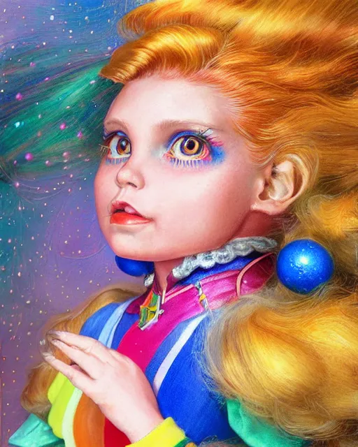 Image similar to 1 9 8 0 s doll rainbow brite portrait | highly detailed | very intricate | symmetrical | whimsical and magical | soft cinematic lighting | award - winning | closeup portrait | painted by donato giancola and mandy jurgens and charlie bowater | pastel color palette | featured on artstation