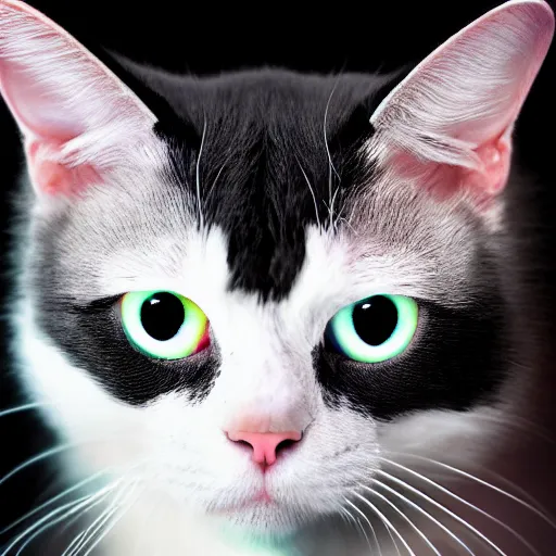 Prompt: Portrait of a black and white cat mob boss in space with colorful bright green eyes, medium shot, hd, 8k, hyper-realism, detailed, octane 8k,