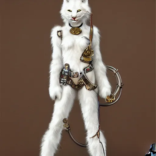 Prompt: white anthropomorphic lynx cat full body by Les Edwards and Noriyoshi Ohrai, furry art, steampunk fantasy style, 4k, trending on artstation