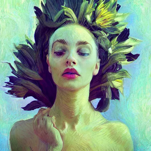 Image similar to giant flower head, woman in a luxury apartment, surreal photography, dramatic light, impressionist painting, digital painting, artstation, van gogh