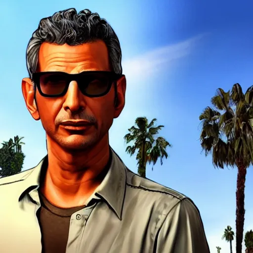 Image similar to Jeff Goldblum in GTA v. Los Santos in the background, palm trees. In the art style of Stephen Bliss