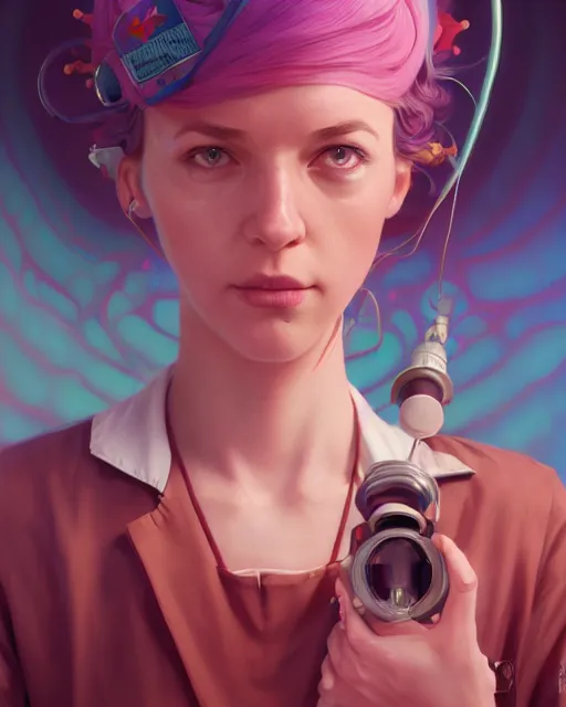 Image similar to highly detailed surreal vfx portrait of a candypunk nurse, stephen bliss, unreal engine, greg rutkowski, loish, rhads, beeple, makoto shinkai and lois van baarle, ilya kuvshinov, rossdraws, tom bagshaw, alphonse mucha, global illumination, detailed and intricate environment