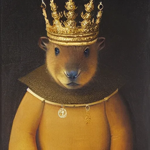 Image similar to “An oil painting portrait of a capybara wearing medieval royal robes and an ornate crown on a dark background”