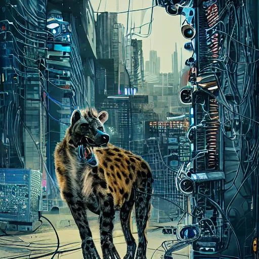 Prompt: cyborg hyena, beksinki style, many wires and exposed metal shown, huge cyberpunk city in background