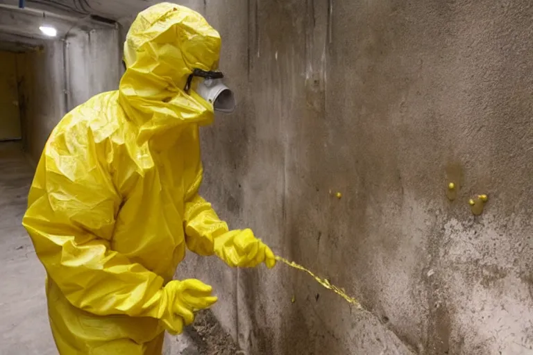 Image similar to a single man in a yellow hazmat suit looks on helplessly as a giant drippy meat monster grows out of control in a creepy bunker science lab