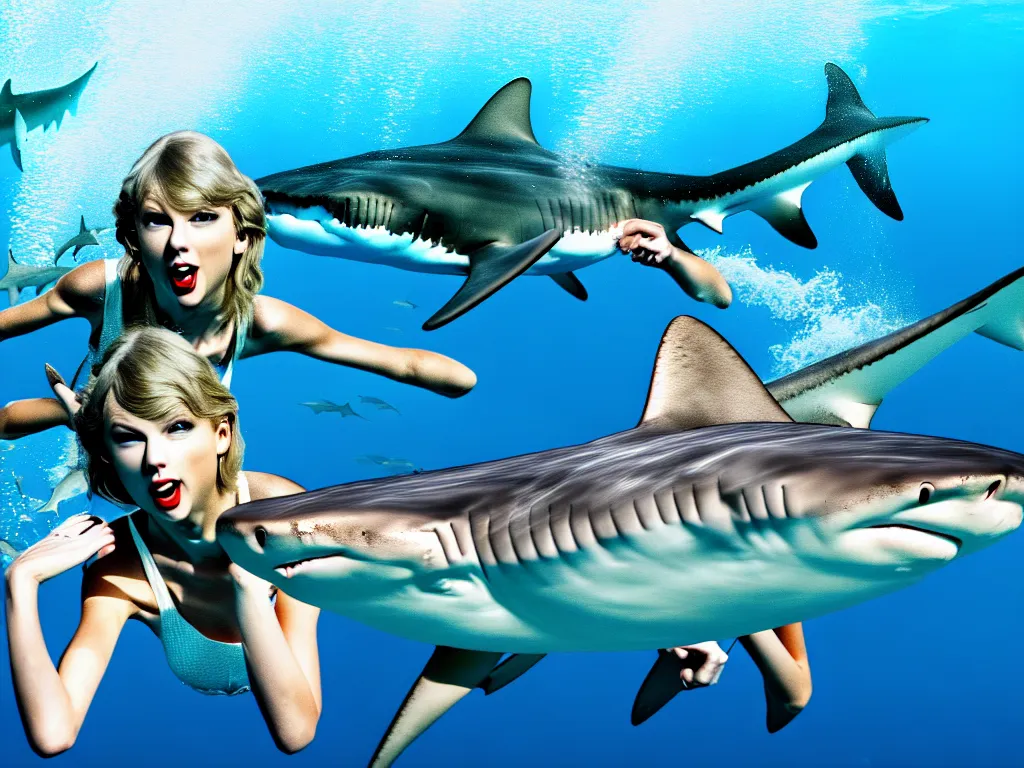 Image similar to taylor swift swimming with sharks in the sea 4 k photograph