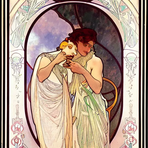 Image similar to narcissus and echo, painted by alphonse mucha