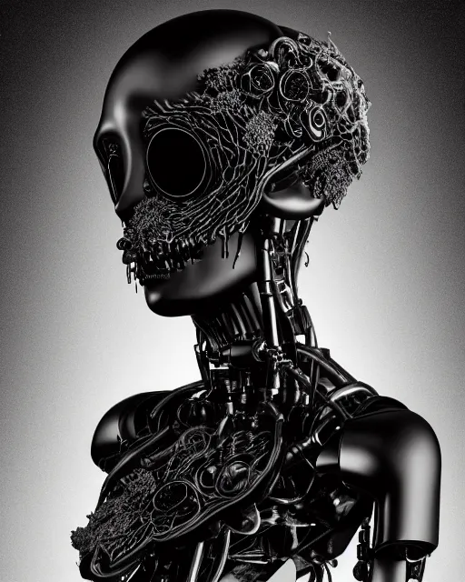 Image similar to black and white dreamy foggy smoky profile face portrait, one silver steampunk realistic eye biomechanical beautiful young female cyclope - cyborg - robot bust, body ribs meshes,, volumetric light, hibiscus flowers, by hg giger, rim light, by dora maar and cecile beaton, big gothic fashion pearl embroidered collar, 8 k