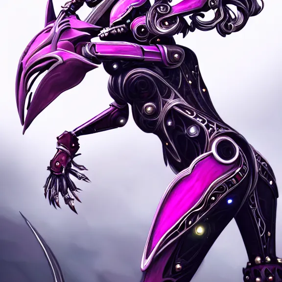 Image similar to highly detailed exquisite fanart, of a beautiful female warframe, but as an anthropomorphic robot dragon with, shiny silver armor with fuchsia accents, engraved, elegant pose, close-up shot, full body shot, epic cinematic shot, sharp claws for hands, long elegant tail, professional digital art, high end digital art, singular, realistic, DeviantArt, artstation, Furaffinity, 8k HD render