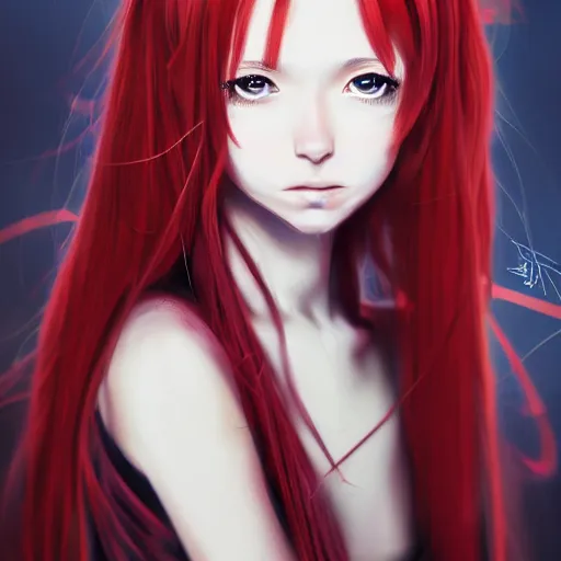 Image similar to advanced digital portrait painting photograph, a teenage anime girl wearing a dress made of fire , full body, very long black and red hair, silver eyes, full round face, intense stare, cinematic lighting, medium shot, MCU, highly detailed, trending on artstation, CSP, Photoshop, WLOP, Rossdraws, James Jean, Andrei Riabovitchev, Marc Simonetti, Anastasia Ovchinnikova and Sakimichan