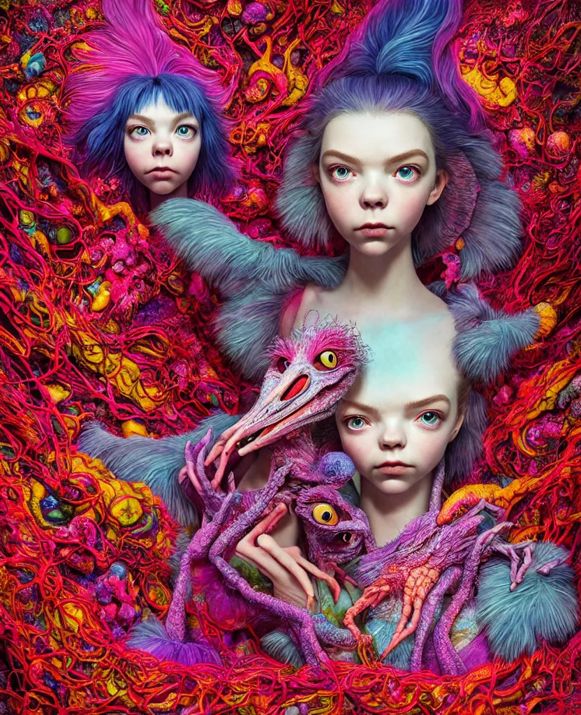 Image similar to hyper detailed 3d render like a Oil painting - kawaii portrait of two Aurora (a beautiful skeksis muppet fae princess protective playful expressive from dark crystal that looks like Anya Taylor-Joy) seen red carpet photoshoot in UVIVF posing in scaly dress to Eat of the Strangling network of yellowcake aerochrome and milky Fruit and His delicate Hands hold of gossamer polyp blossoms bring iridescent fungal flowers whose spores black the foolish stars by Jacek Yerka, Ilya Kuvshinov, Mariusz Lewandowski, Houdini algorithmic generative render, golen ratio, Abstract brush strokes, Masterpiece, Edward Hopper and James Gilleard, Zdzislaw Beksinski, Mark Ryden, Wolfgang Lettl, hints of Yayoi Kasuma and Dr. Seuss, octane render, 8k