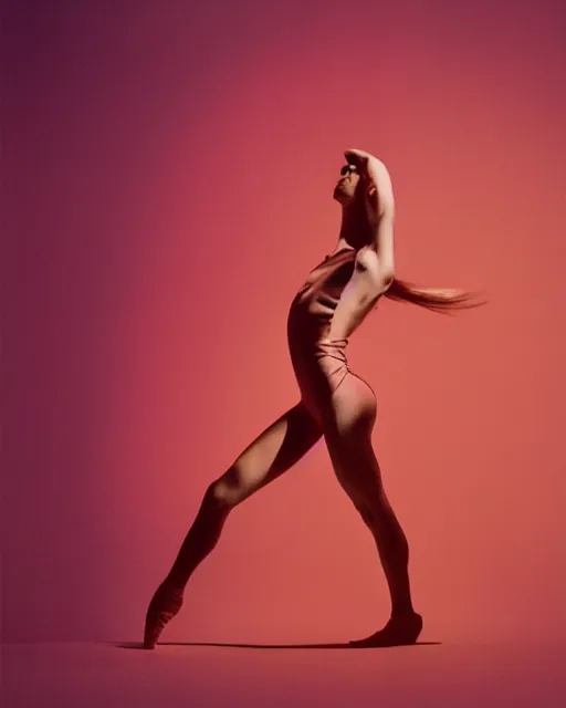 Image similar to expressively dancing on a bold James Turrell lit stage, a beguiling modern dancer dynamic Pantene gorgeous long luxurious hair flowing and flipping, high fashion photograph, isolated on vivid orangered, By Steven Meisel, by WLOP