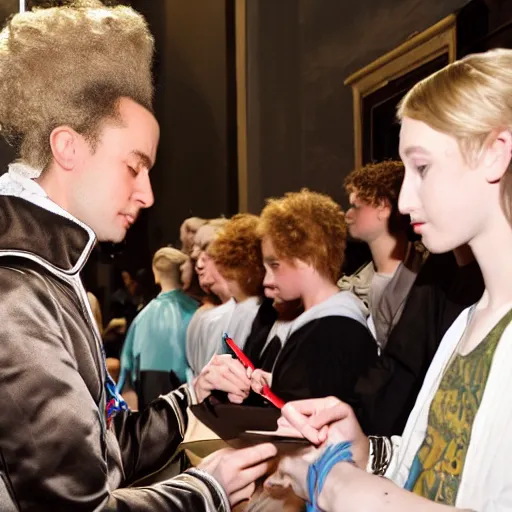 Prompt: mozart lining up for an autograph at a 1 0 0 gecs concert