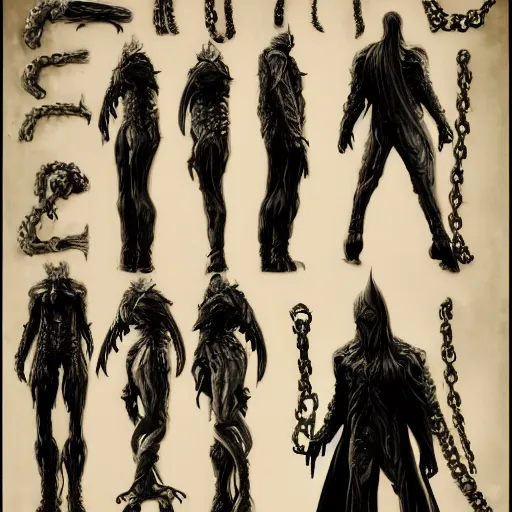 Image similar to various character sheets from an art book with character designs for a tall character with humanoid long arms and a vampire squid for a head made from dark wispy smoke with a wraith like appearance that is bound in chains at the wrists made as an enemy in the resident evil video game franchise high resolution rtx ultrarealistic