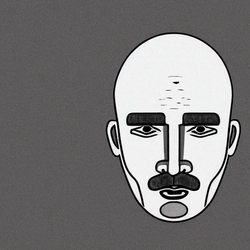 Image similar to hand - drawn minimalistic line portrait of bald man with round face, short beard, small round eyebrows, wide lips and kind blue eyes, black and white, pictogram, ink, pencil