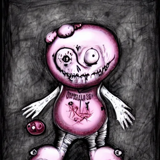 Image similar to dark art cartoon grunge drawing of a pink teddy bear playing with toys with bloody eyes by tim burton - loony toons style, horror theme, detailed, elegant, intricate, trending on art station