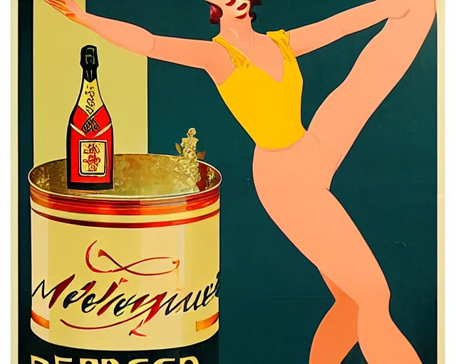 Image similar to art deco tin poster, dancer, melchizedek champagne bottle. cheerful, bright