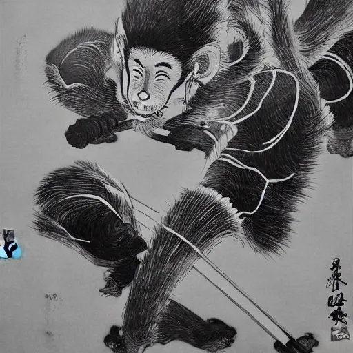 Image similar to a Chinese ink painting, taoism wukong, by wu daozi, HD,