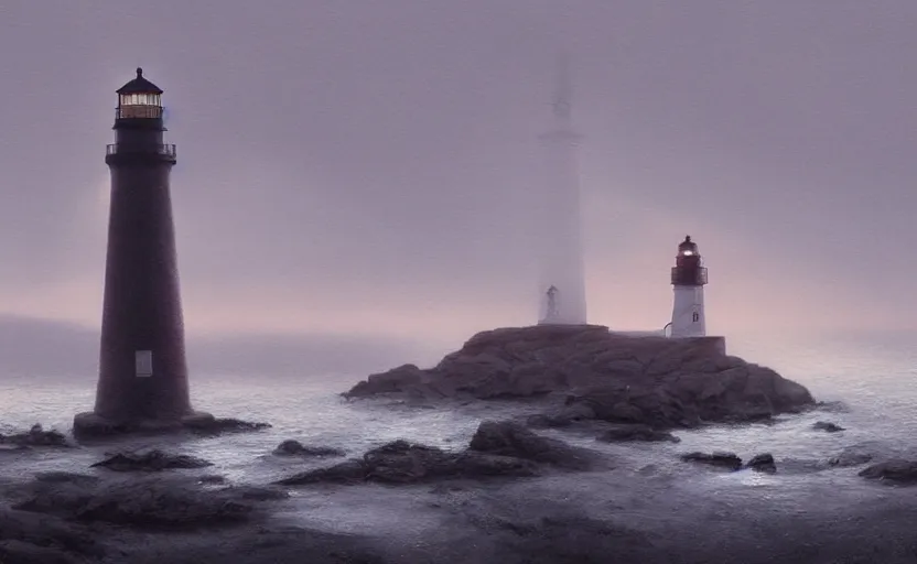 Prompt: lighthouse in the night, directed by charlie kaufman ( 2 0 0 1 ) anamorphic lenses, a rocky shore in the foreground, foggy volumetric light morning, a beam of light from the heavens, cinematic trending on artstation in the style of greg rutkowski