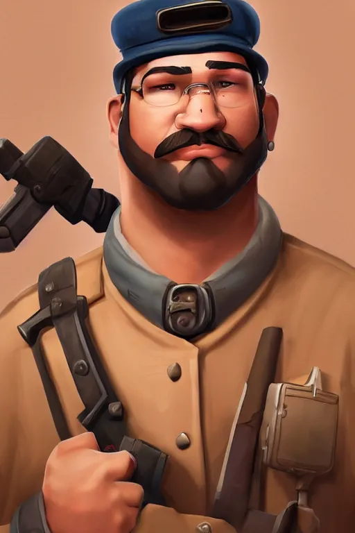 Image similar to beautiful highly detailed realistic stylized character portrait team fortress 2 engineer, detailed character art master portrait, trending on artstation