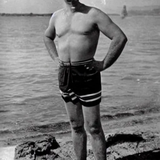 Prompt: donald trump wearing an old fashion bathing suit swimsuit, 1 9 2 0 s