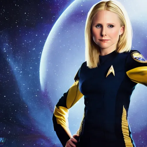 Image similar to a beautiful full body photograph of a younger kristen bell as a star fleet officer from star trek next generation, extreme realism and detail, 8 k, completely framed, direct lighting, 3 5 mm photo, photorealistic, sharp focus