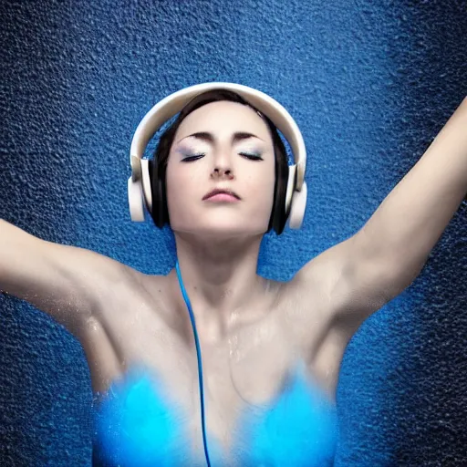 Image similar to dripping electrical blue paint across the shape of a female human body dancing and listening to music with headphones, realistic , high detail, on a clear white background