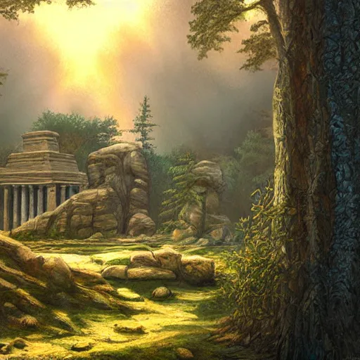 Image similar to phoenician temple in the woods of maine, artstation, matte oil painting, crisp, sharp, darrell k sweet, mysterious