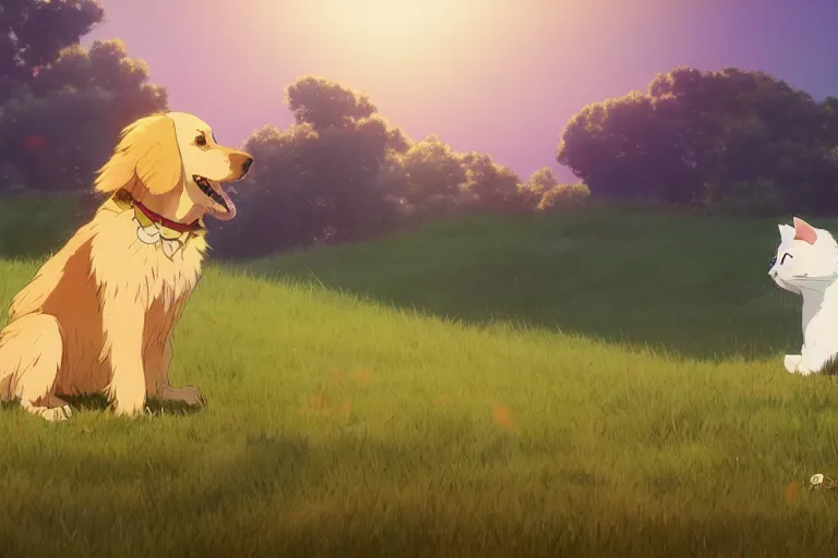 Prompt: a wholesome animation key shot of a golden retriever and a cat playing on a hill, medium shot, studio ghibli, pixar and disney animation, sharp, rendered in unreal engine 5, anime key art by greg rutkowski, bloom, dramatic lighting