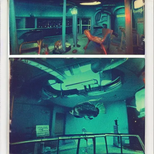 Image similar to under water deep sea laboratory, at night, lo fi, polaroid 6 0 0, 1 9 6 5 lightning, vintage science fiction, aquatic plants, colorful swirls of paint, movie set.