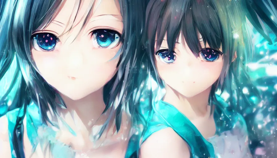 Image similar to cute anime girl by wlop, detailed eyes, heterochromia, bright eyes, full body shot, happy expression, short minidress, light clothing, light rain, hyper real, detailed digital art, hatsune miku, photorealistic