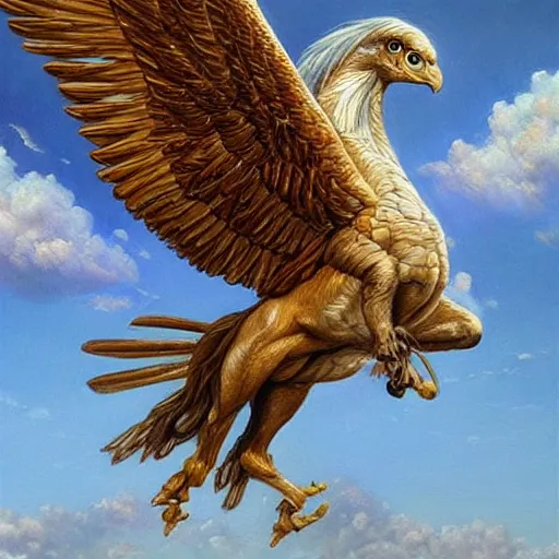 Image similar to realistic oil painting, a winged horse with an eagle head, highly detailed, trending on artstation, by james gurney and michael whelan