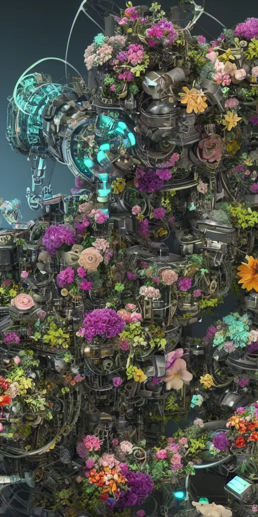 Image similar to a lovely mechanical cornucopia of flowers, sci-fi futuristic, utopian, machine parts, wires, circuits, highly detailed, octane render, cinematic