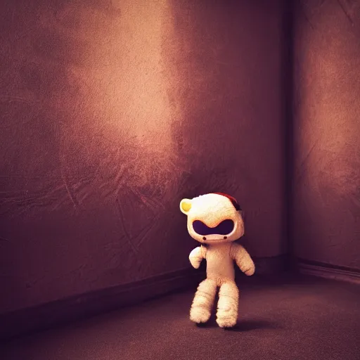 Image similar to Plushie Monster hiding from very buff Chuck Norris, Bedroom, dramatic and intense atmosphere, trending on artstation, 40nm lens, 4k,