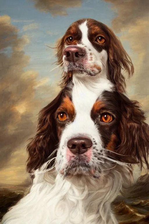 Image similar to a painted portrait of a springer spaniel with brown fur, no white fur, wearing a sea captain's uniform and hat, sea in background, oil painting by thomas gainsborough, elegant, highly detailed, anthro, anthropomorphic dog, epic fantasy art, trending on artstation, photorealistic, photoshop, behance winner