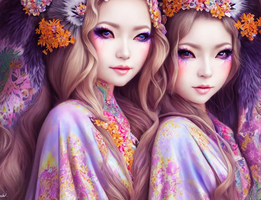 Image similar to two beautiful fashion siberian girls wear fantasy kimono in festival | | big eyes, sunny, dreamlike art, realistic shaded, smile, good looking, hyper details, 4 k realistic, cryengine, realistic shaded lighting poster by artgerm, ross tran, fuji choko, loish, 8 k resolution, trending on artstation, luxury