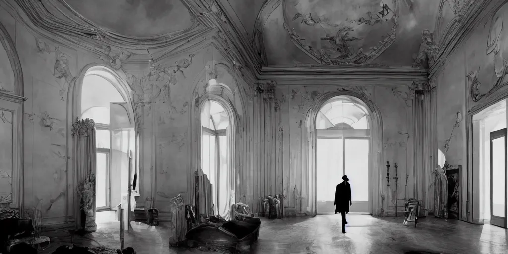 Prompt: Batman standing in a giant Italian modern castle living room, clean minimalist design, that is 1300 feet tall, with very tall giant walls filled with modern art paintings, doors that are cosmic portals, photo by Annie Leibovitz