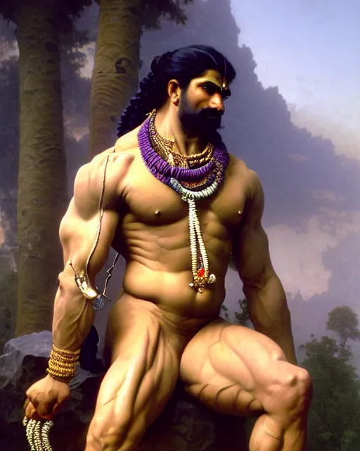 Image similar to amazing lifelike award winning realistic illustration of Angry muscular hindu God Shiva wearing sheshnaag around his neck in style of William-Adolphe Bouguereau, shiva body builder, blue skin, pumped biceps and abs, sitting on tiger skin, Himalayas in the background, hypermuscular, trending on artstation, artgerm, Greg rutkowski, alphonse mucha, cinematic, epic Lighting, photorealistic, Octane render, Unreal Engine, Art nouveau