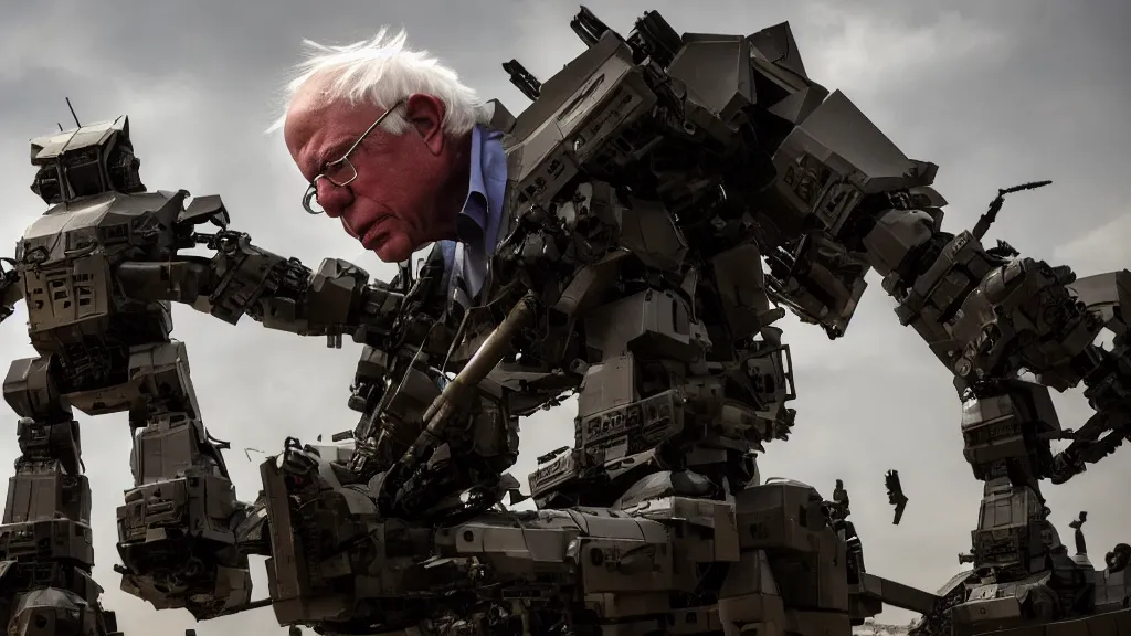 Prompt: bernie sanders putting the finishing touches on an armored weaponized mech robot, cinematic moody lighting, smoky laboratory, sharp focus, imax