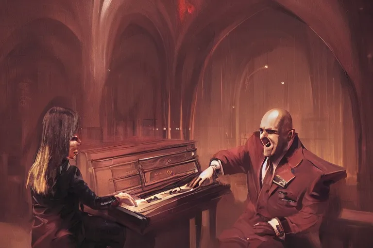 Image similar to an expressive portrait of agent 4 7 playing the piano in a monastery, dark background, red rim light, digital art, artstation, concept art by giger stalenhag