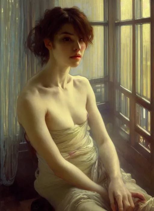 Image similar to a portrait of beautiful woman, inside a modern apartment, detailed oil painting, misty, ethereal, soft lighting, 8 k, by ruan jia and alphonse mucha