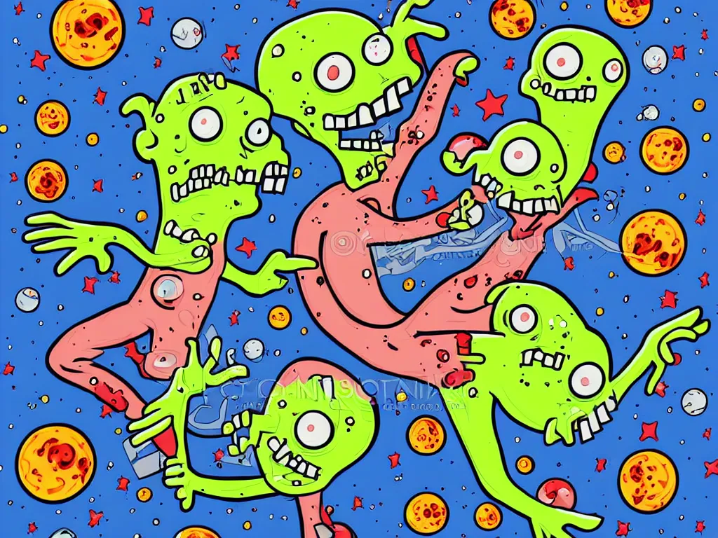 Image similar to happy zombie floating in space, cartoon illustration, detailed