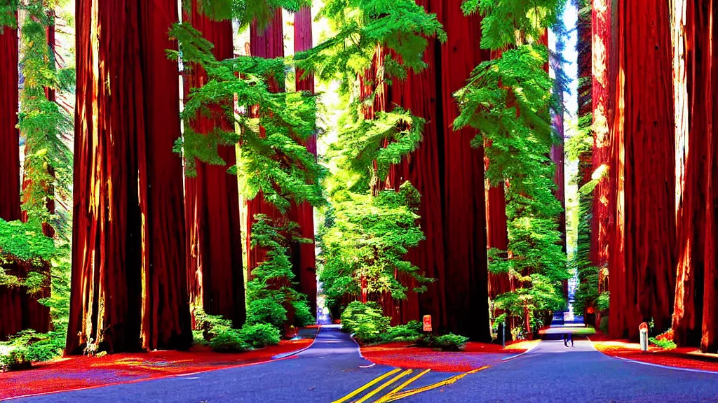 Prompt: Market Street lined with Redwood Trees by bruce mccall; City in Harmony with Nature; Location: San Francisco, California; Redwoods by Neil Burnell